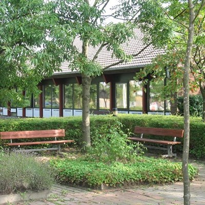Udendørsområde på Gundsø Omsorgscenter. Der er grønne træer og buske, og der står også to bænke.