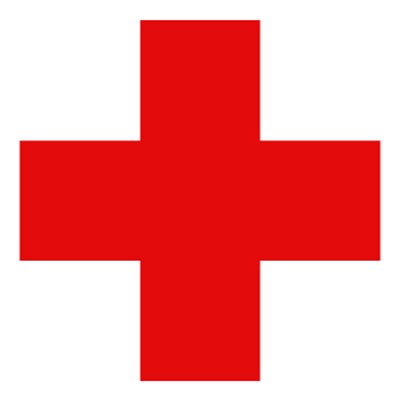Røde Kors' logo. Hvid baggrund med et rødt kors i midten.