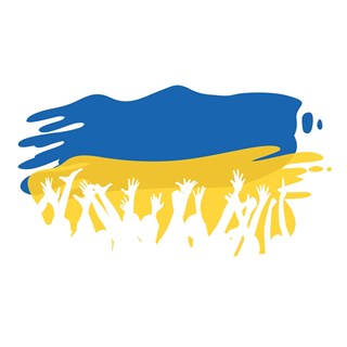 Ukrainsk flag med en masse hænder, der rækker op efter det.