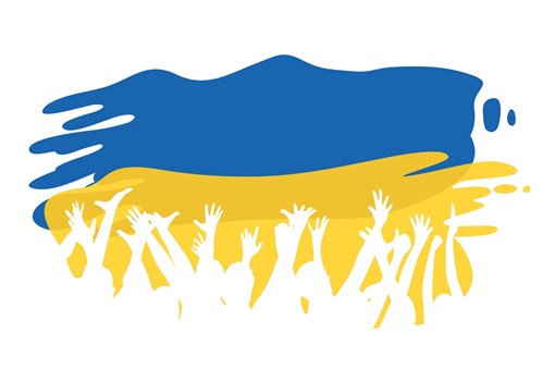 Ukrainsk flag med en masse hænder, der rækker op efter det.