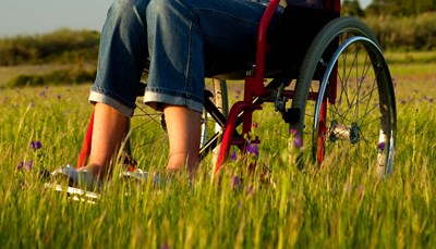 Person i kørestol på græseng