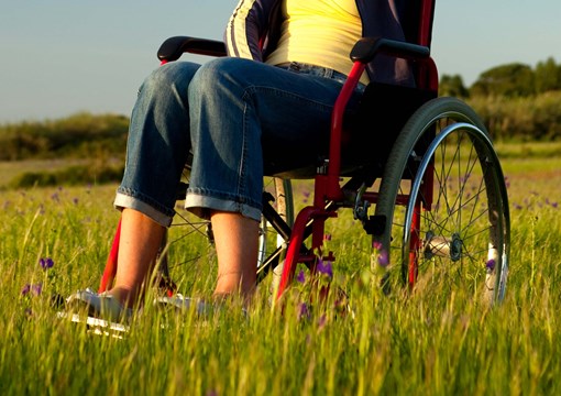 Person i kørestol på græseng