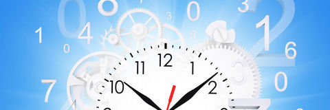 Ur med blå baggrund. Der flyver en masse tal rundt omkring uret.